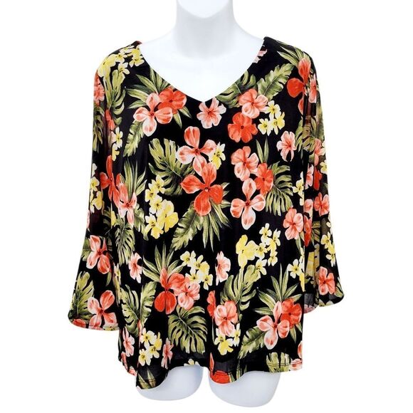 2/$20 Laura Petites Black & Red Flowers Top Blouse Size: XL - Picture 2 of 8